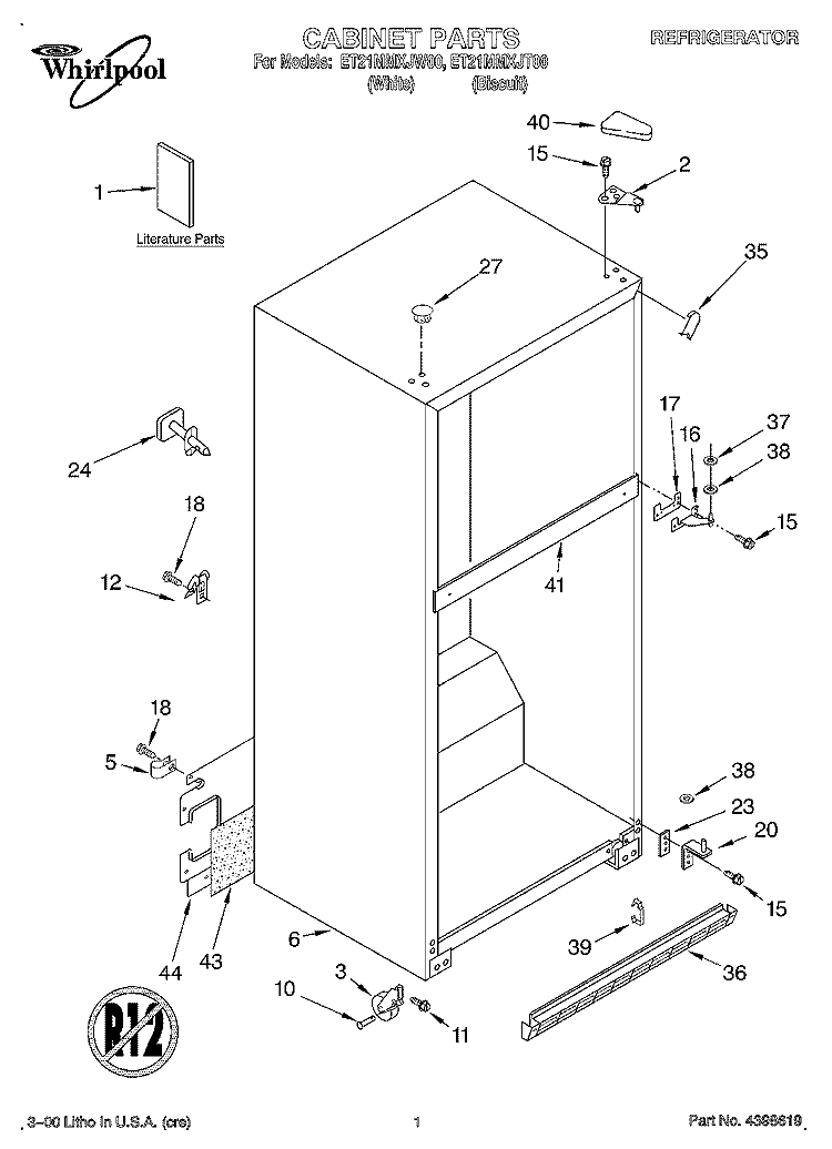 CABINET, LITERATURE Diagram and Parts List for ET21MMXJW00  Whirlpool Refrigerator