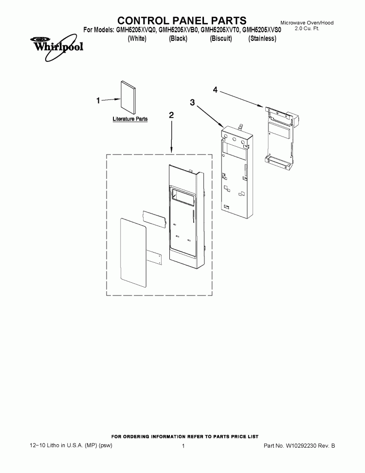 CONTROL PANEL PARTS Diagram and Parts List for  Whirlpool Microwave