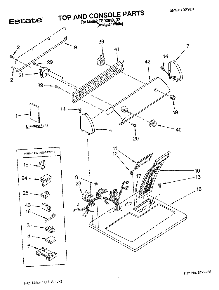 TOP AND CONSOLE, LIT/OPTIONAL Diagram and Parts List for  Estate Dryer