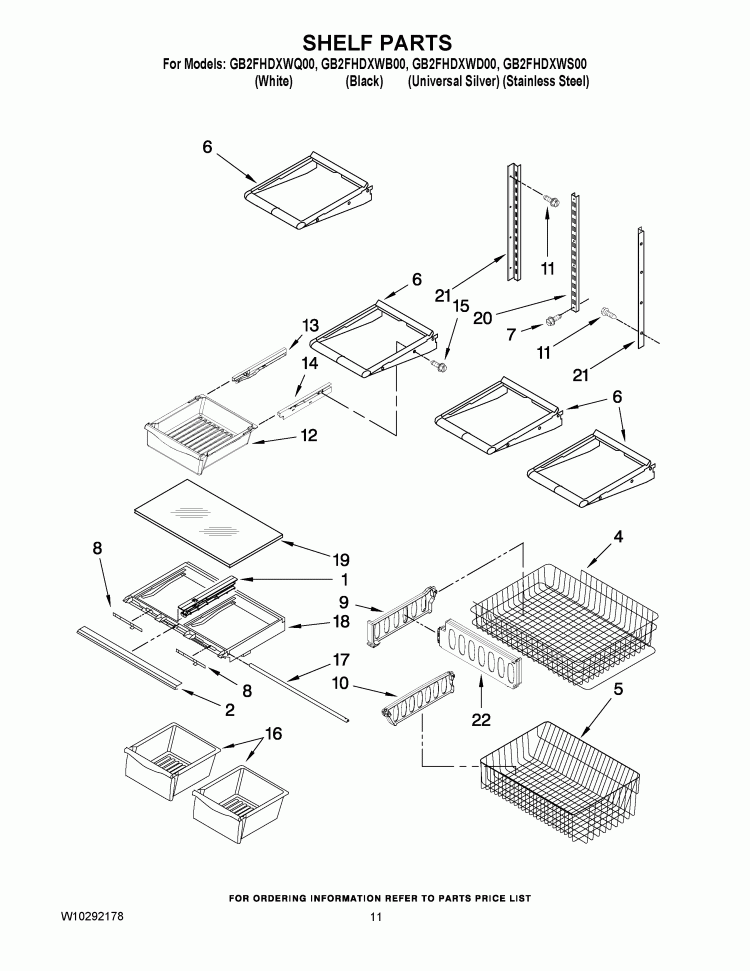 SHELF PARTS Diagram and Parts List for GB2FHDXWB00  Whirlpool Refrigerator