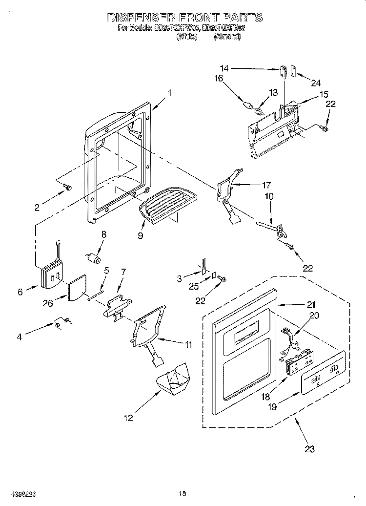 DISPENSER FRONT Diagram and Parts List for ED25TQXFW03  Whirlpool Refrigerator