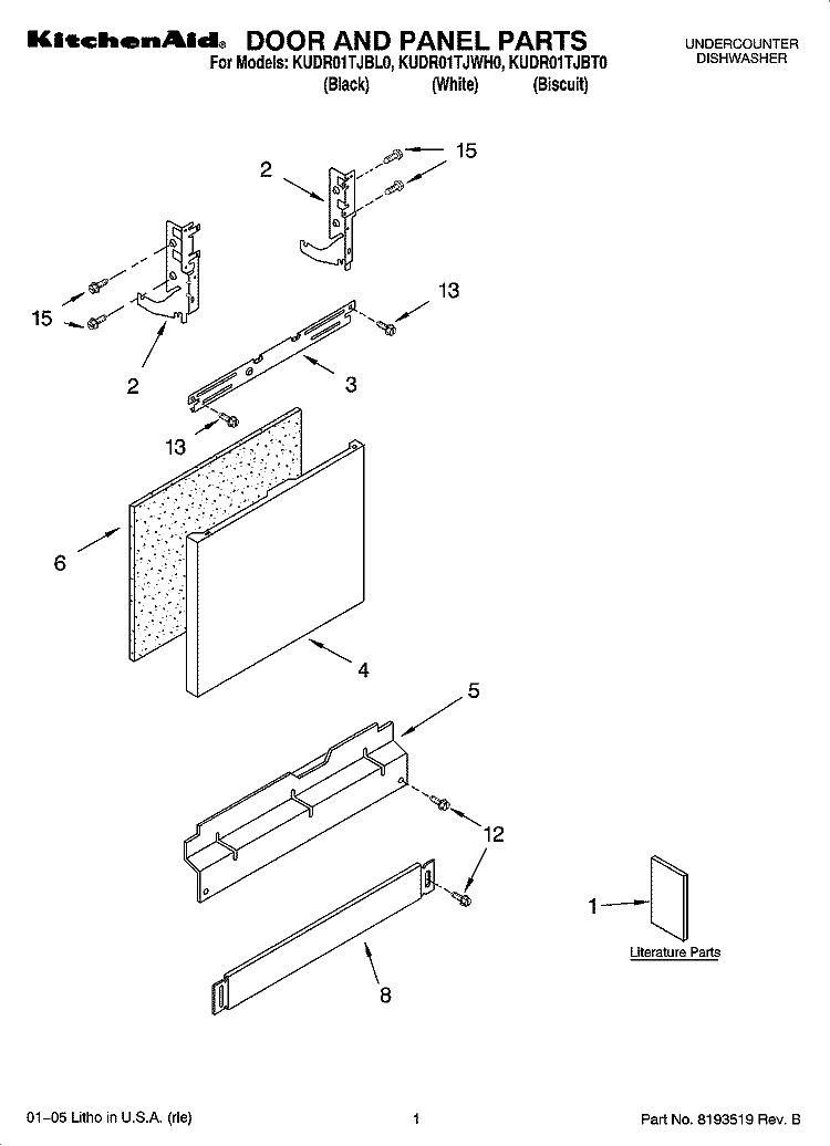 DOOR AND PANEL PARTS Diagram and Parts List for  KitchenAid Dishwasher