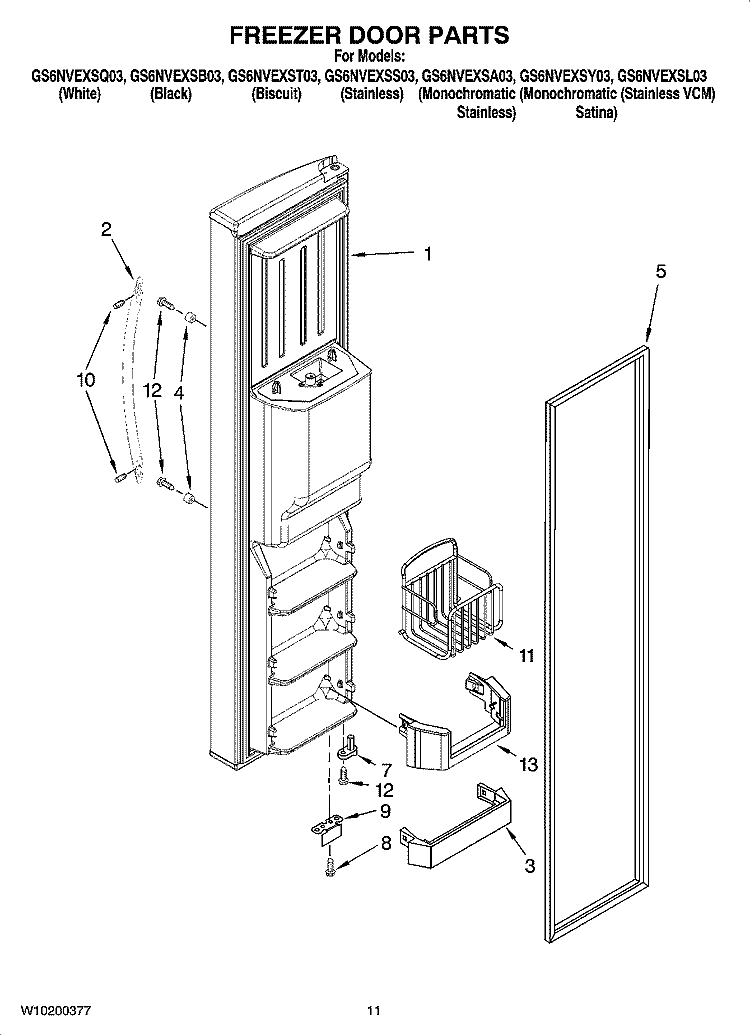 FREEZER DOOR PARTS Diagram and Parts List for GS6NVEXSS03  Whirlpool Refrigerator