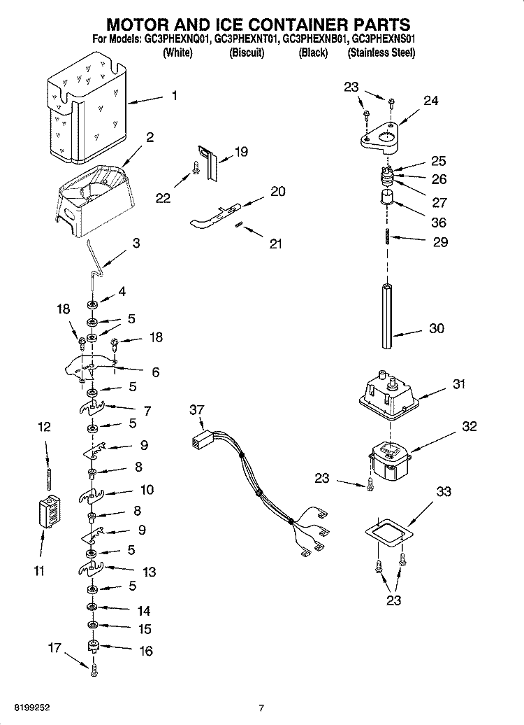 MOTOR AND ICE CONTAINER PARTS Diagram and Parts List for GC3PHEXNB01  Whirlpool Refrigerator