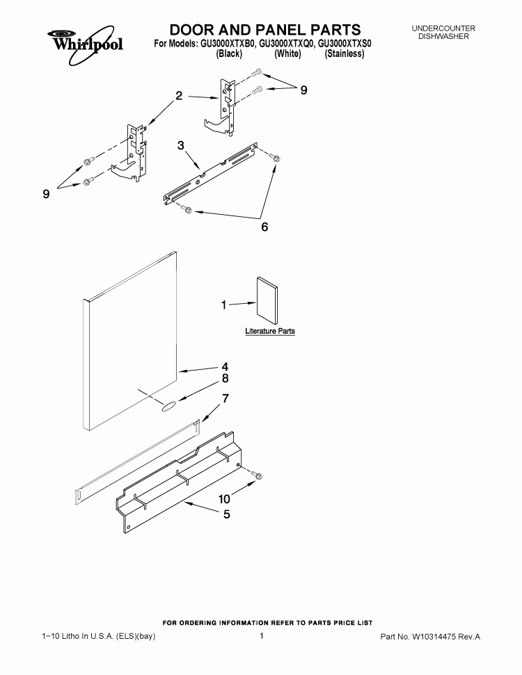DOOR AND PANEL PARTS Diagram and Parts List for  Whirlpool Dishwasher