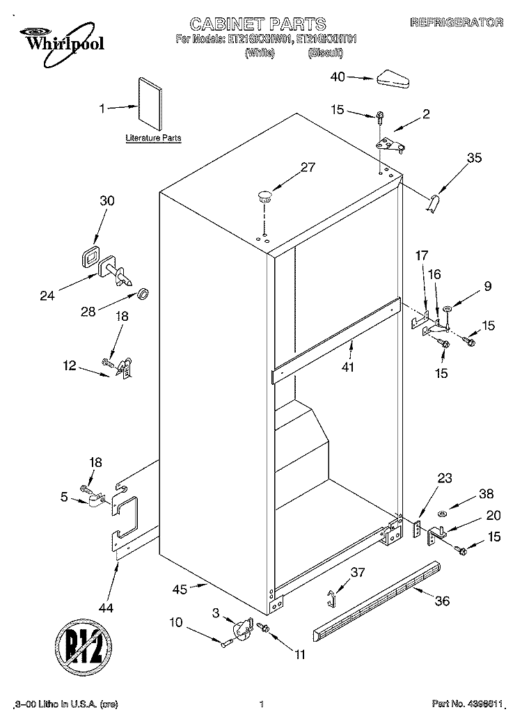 CABINET, LITERATURE Diagram and Parts List for ET21GKXHT01  Whirlpool Refrigerator