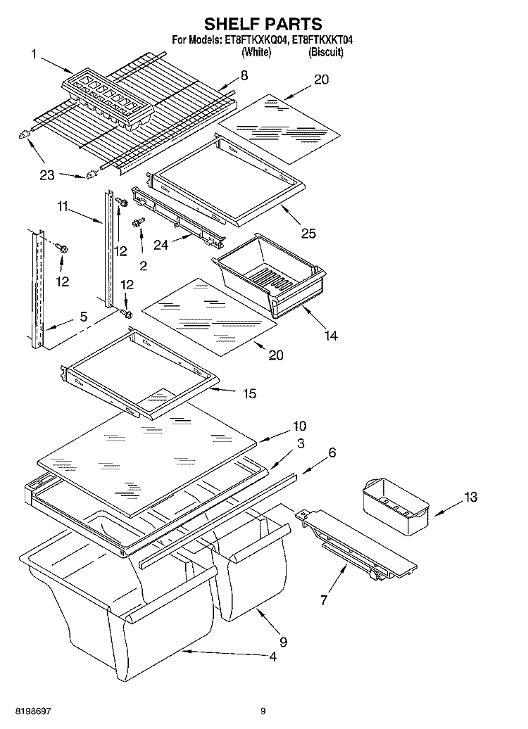 SHELF PARTS, OPTIONAL PARTS Diagram and Parts List for ET8FTKXKT04  Whirlpool Refrigerator