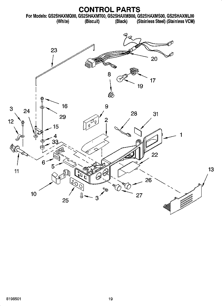CONTROL PARTS Diagram and Parts List for GS2SHAXMB00  Whirlpool Refrigerator