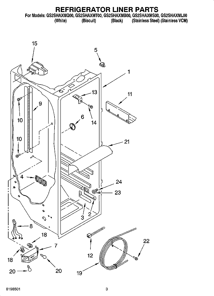 REFRIGERATOR LINER PARTS Diagram and Parts List for GS2SHAXMB00  Whirlpool Refrigerator