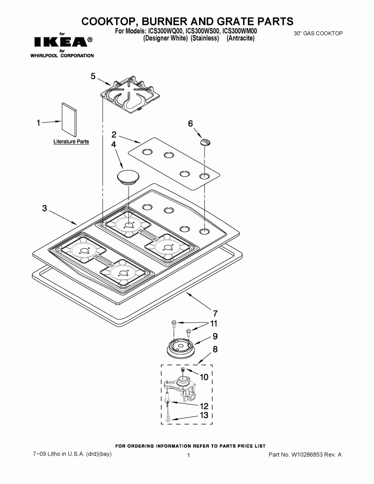 COOKTOP, BURNER AND GRATE PARTS Diagram and Parts List for  Whirlpool Cooktop