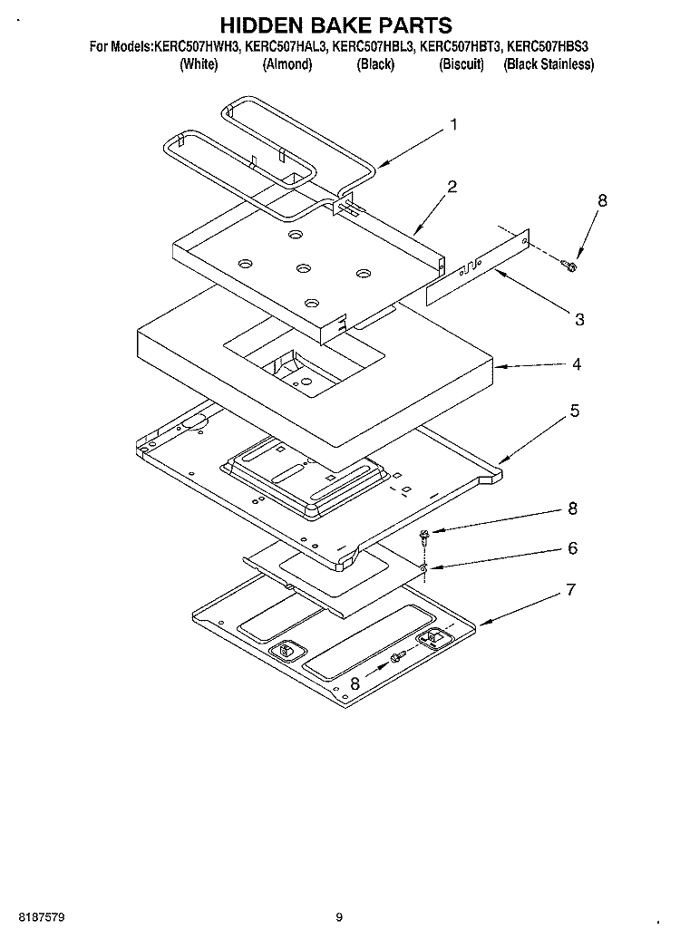 HIDDEN BAKE Diagram and Parts List for  KitchenAid Range