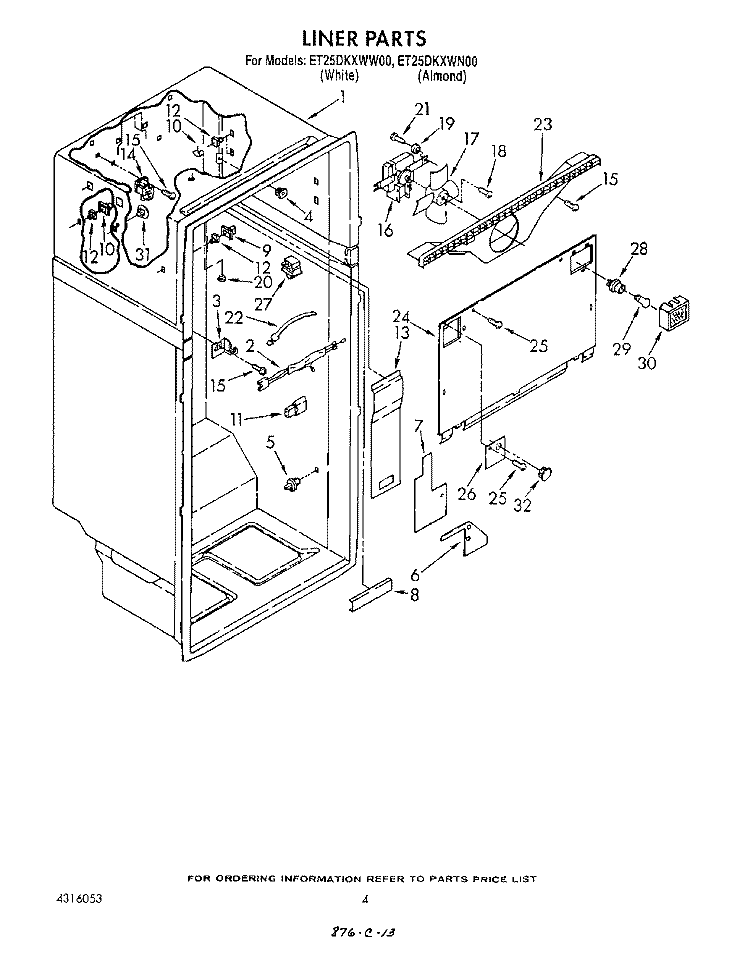 LINER Diagram and Parts List for ET25DKXWW00  Whirlpool Refrigerator