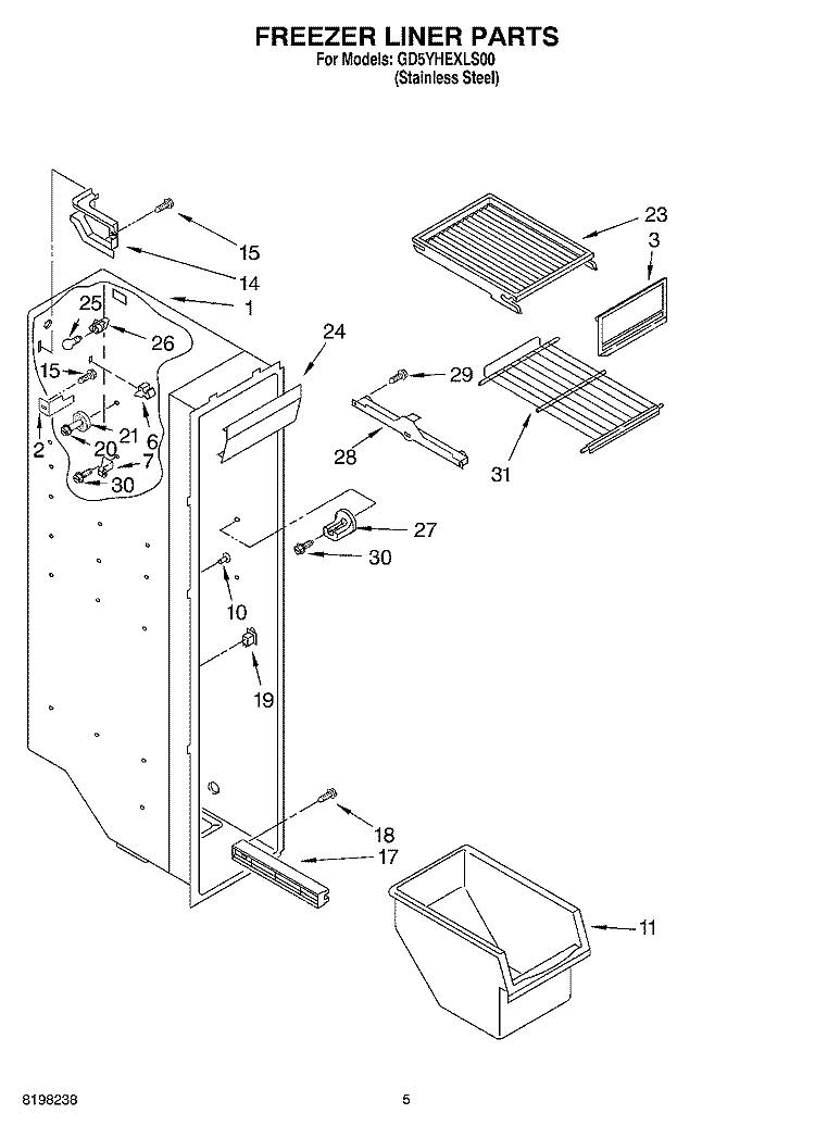 FREEZER LINER Diagram and Parts List for GD5YHEXLS00  Whirlpool Refrigerator