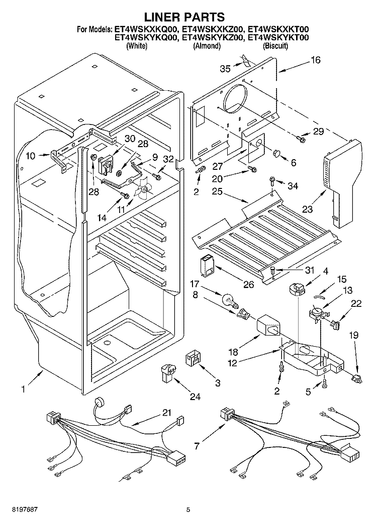 LINER Diagram and Parts List for ET4WSKYKT00  Whirlpool Refrigerator