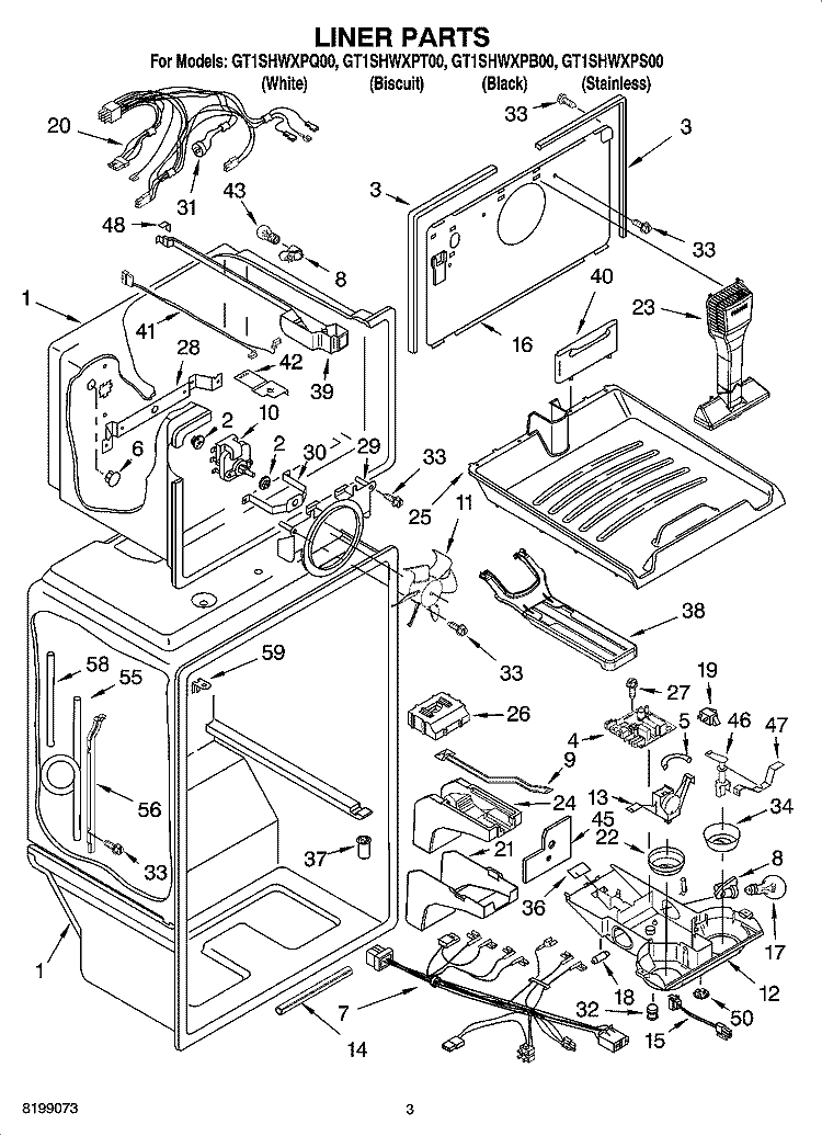 LINER PARTS Diagram and Parts List for GT1SHWXPT00  Whirlpool Refrigerator