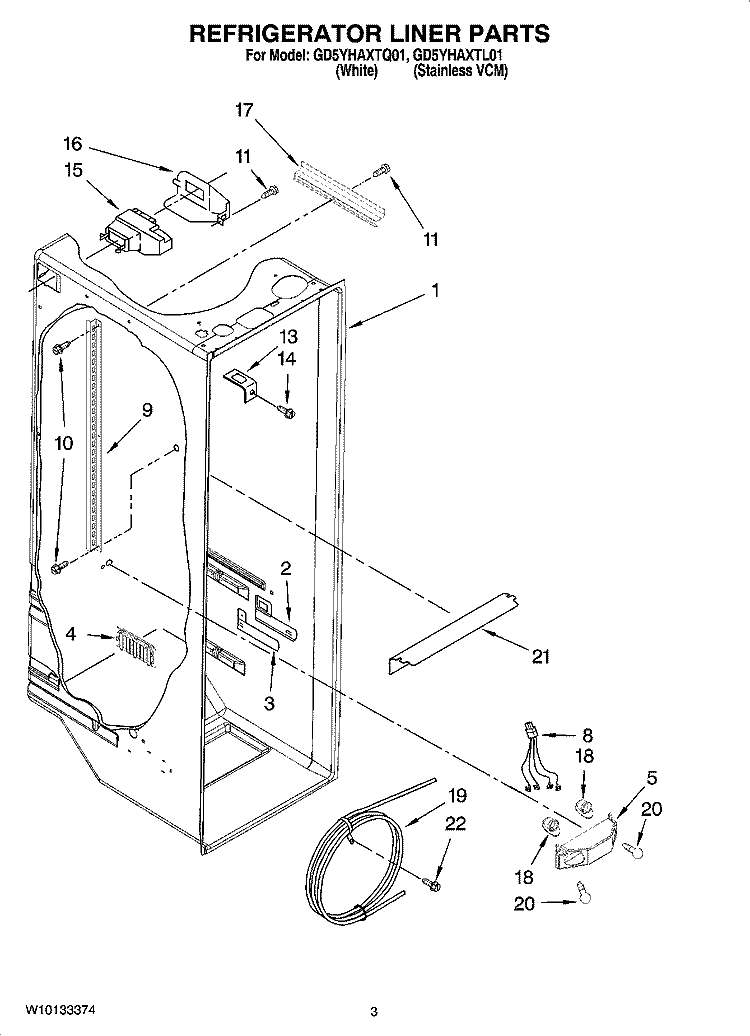 REFRIGERATOR LINER PARTS Diagram and Parts List for GD5YHAXTL01  Whirlpool Refrigerator
