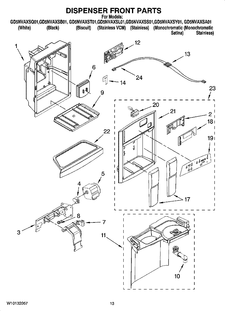 DISPENSER FRONT PARTS Diagram and Parts List for GD5NVAXSS01  Whirlpool Refrigerator
