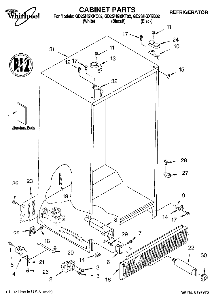 CABINET, LITERATURE Diagram and Parts List for GD2SHGXKB02  Whirlpool Refrigerator