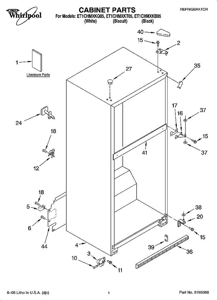 CABINET PARTS Diagram and Parts List for ET1CHMXKB05  Whirlpool Refrigerator