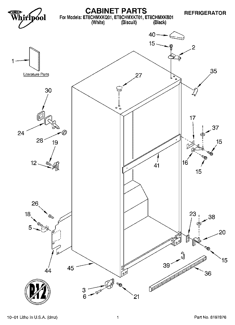 CABINET, LITERATURE Diagram and Parts List for ET8CHMXKT01  Whirlpool Refrigerator