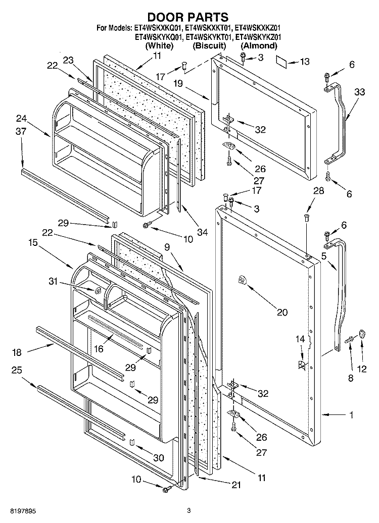 DOOR Diagram and Parts List for ET4WSKYKT01  Whirlpool Refrigerator