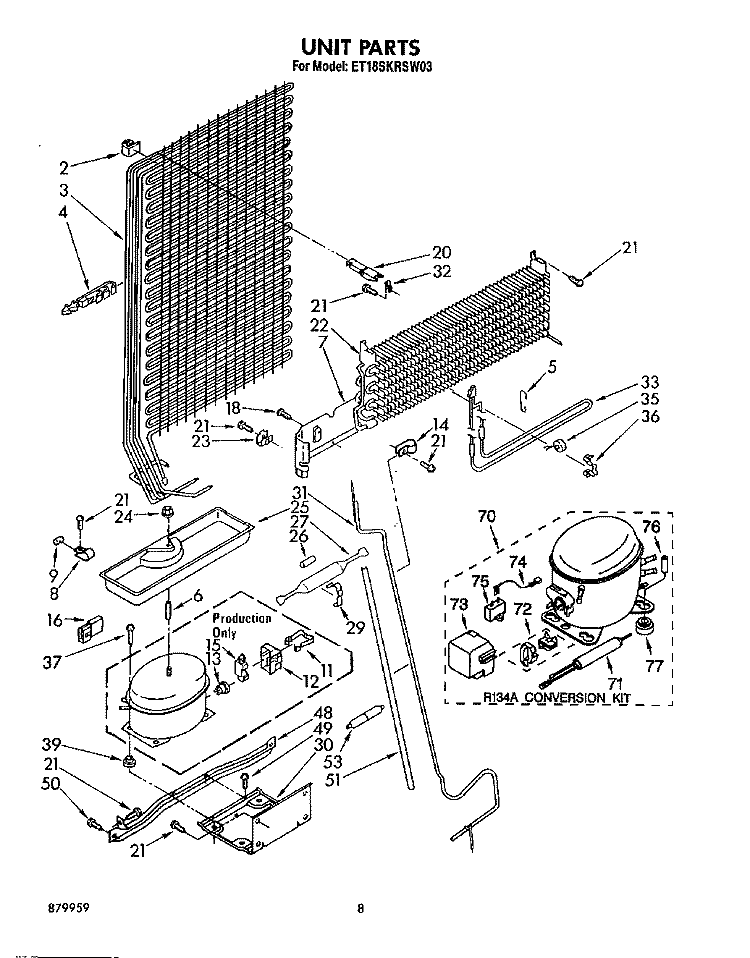 UNIT Diagram and Parts List for ET18SKRSW03  Whirlpool Refrigerator