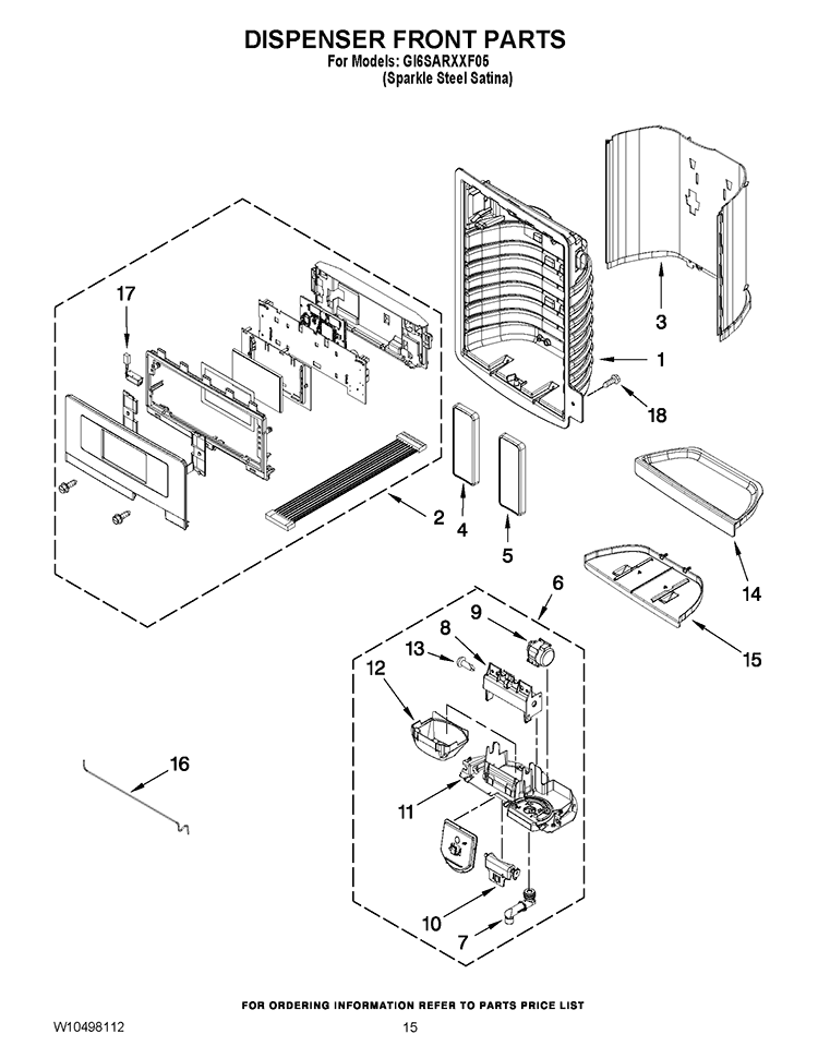 DISPENSER FRONT PARTS Diagram and Parts List for GI6SARXXF05  Whirlpool Refrigerator