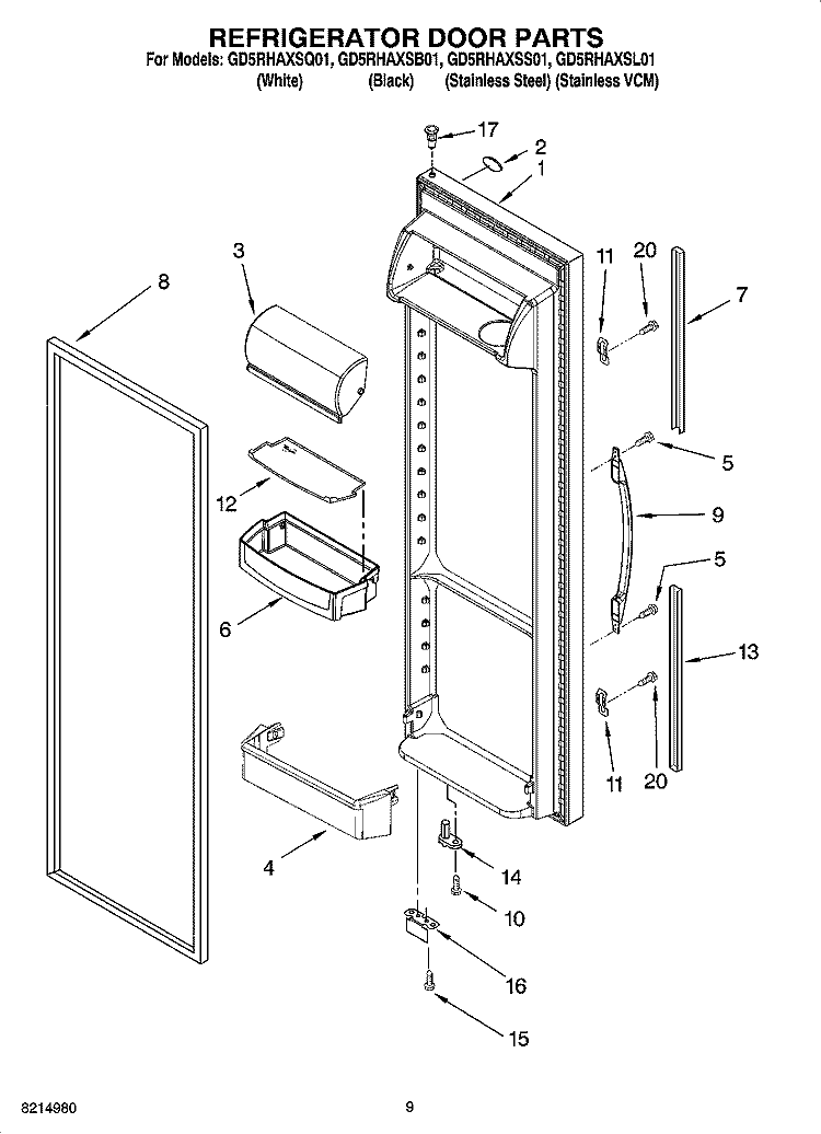 REFRIGERATOR DOOR PARTS Diagram and Parts List for GD5RHAXSB01  Whirlpool Refrigerator