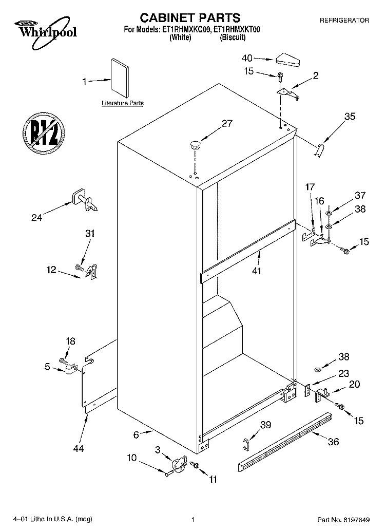 CABINET, LITERATURE Diagram and Parts List for ET1RHMXKQ00  Whirlpool Refrigerator