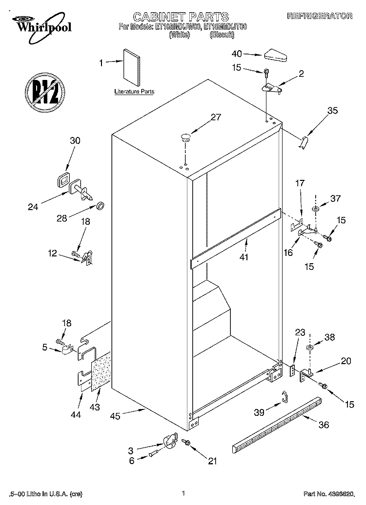 CABINET, LITERATURE Diagram and Parts List for ET18MMXJT00  Whirlpool Refrigerator