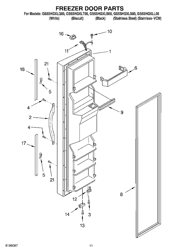 FREEZER DOOR Diagram and Parts List for GS5SHGXLS00  Whirlpool Refrigerator