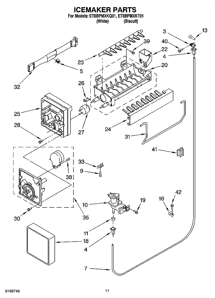 ICEMAKER PARTS, OPTIONAL PARTS Diagram and Parts List for ET8BPMXKT01  Whirlpool Refrigerator