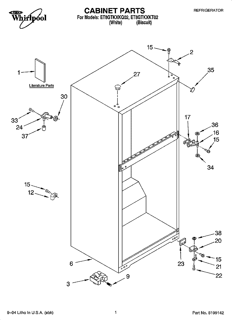 CABINET PARTS Diagram and Parts List for ET8GTKXKT02  Whirlpool Refrigerator