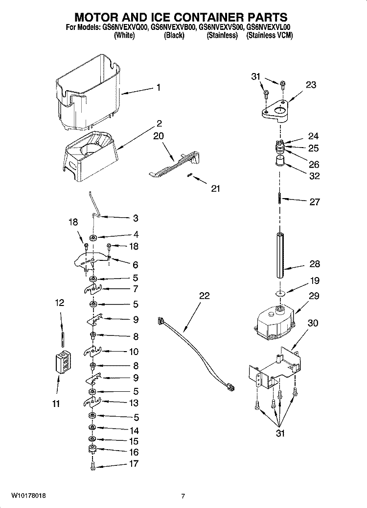 MOTOR AND ICE CONTAINER PARTS Diagram and Parts List for GS6NVEXVS00  Whirlpool Refrigerator