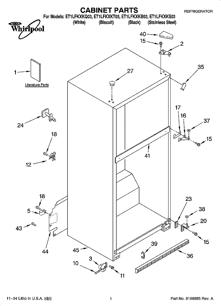 CABINET PARTS Diagram and Parts List for ET1LFKXKS03  Whirlpool Refrigerator