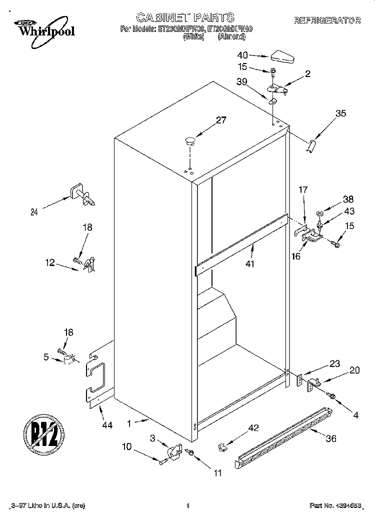 CABINET Diagram and Parts List for ET20GMXFW00  Whirlpool Refrigerator