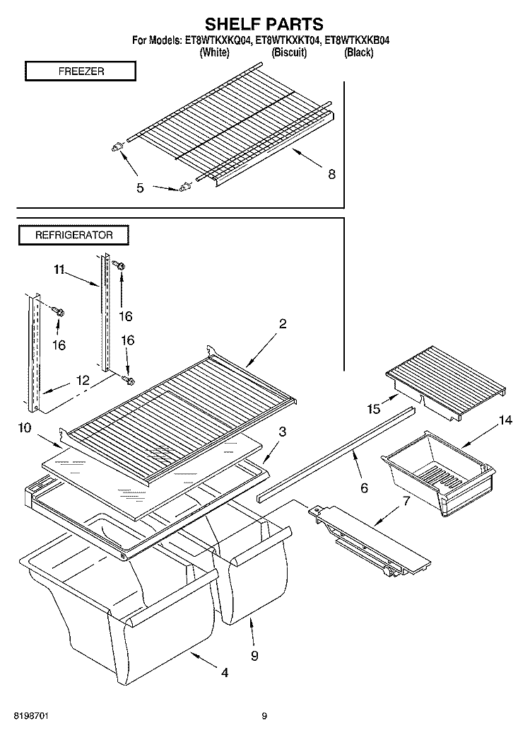 SHELF PARTS, OPTIONAL PARTS Diagram and Parts List for ET8WTKXKT04  Whirlpool Refrigerator