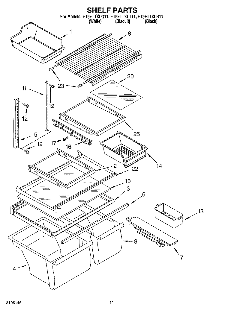 SHELF Diagram and Parts List for ET9FTTXLQ11  Whirlpool Refrigerator