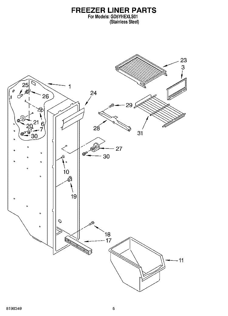 FREEZER LINER PARTS Diagram and Parts List for GD5YHEXLS01  Whirlpool Refrigerator
