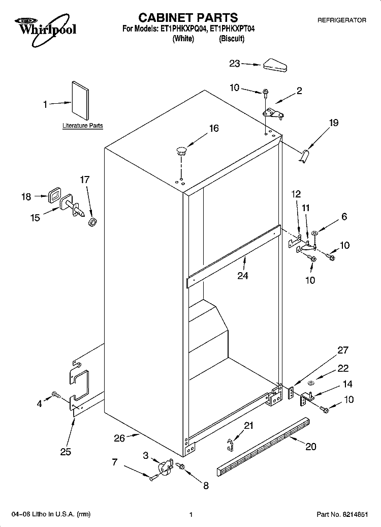 CABINET PARTS Diagram and Parts List for ET1PHKXPT04  Whirlpool Refrigerator