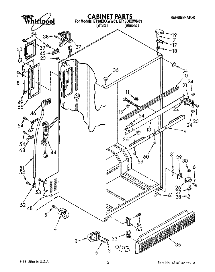 CABINET Diagram and Parts List for ET18DKXWW01  Whirlpool Refrigerator