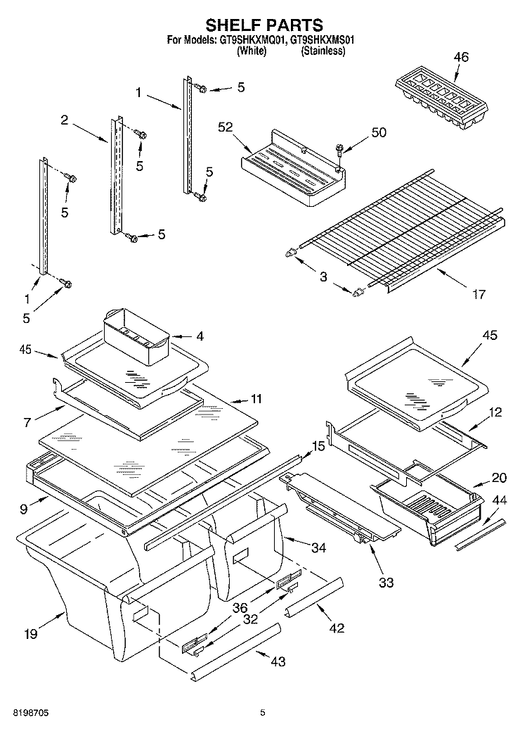 SHELF PARTS Diagram and Parts List for GT9SHKXMQ01  Whirlpool Refrigerator