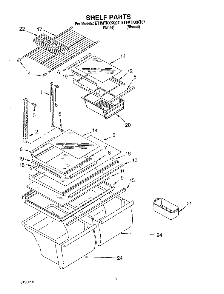SHELF, OPTIONAL Diagram and Parts List for ET1MTKXKT07  Whirlpool Refrigerator