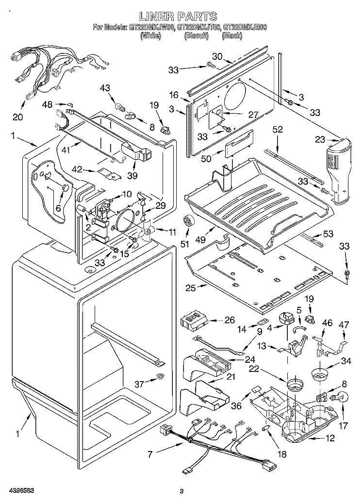 LINER Diagram and Parts List for GT22DMXJT00  Whirlpool Refrigerator