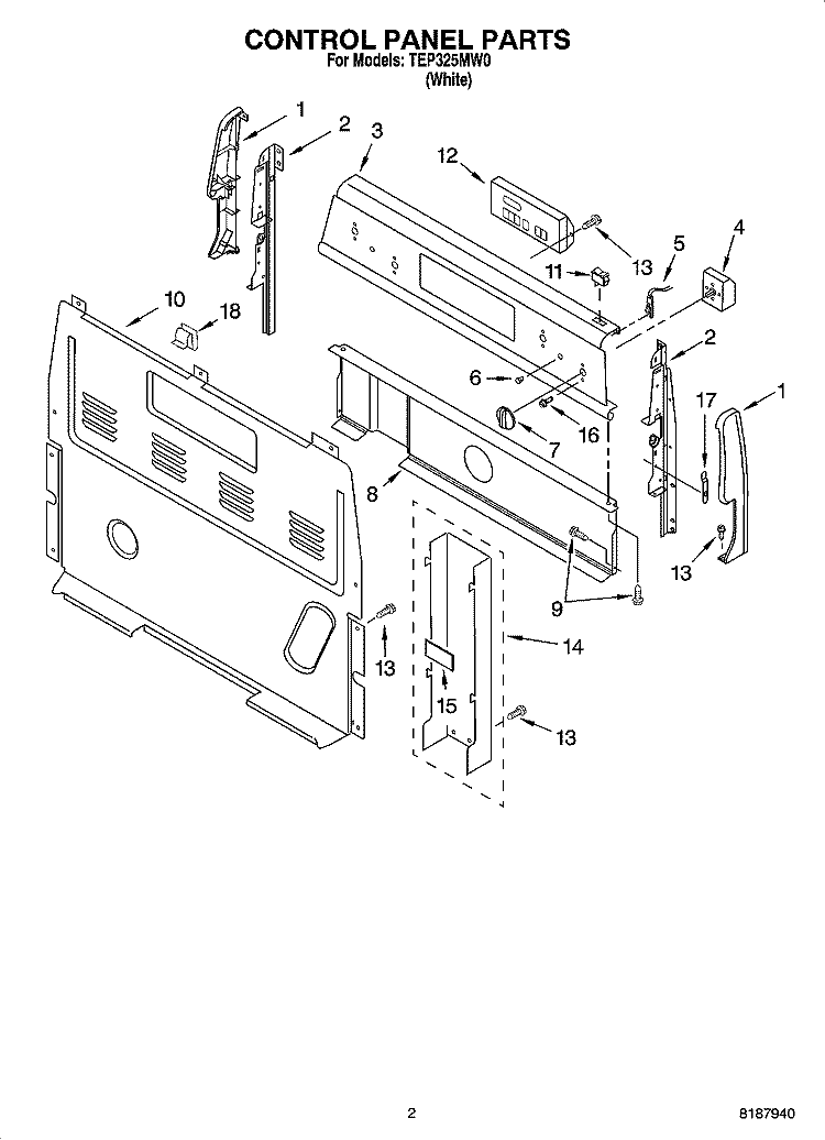 CONTROL PANEL PARTS Diagram and Parts List for TEP325MW0  Estate Range