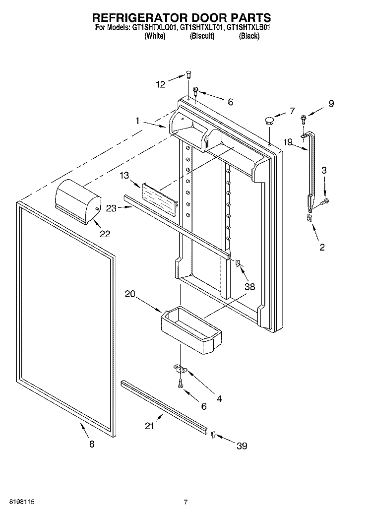REFRIGERATOR DOOR Diagram and Parts List for GT1SHTXLB01  Whirlpool Refrigerator