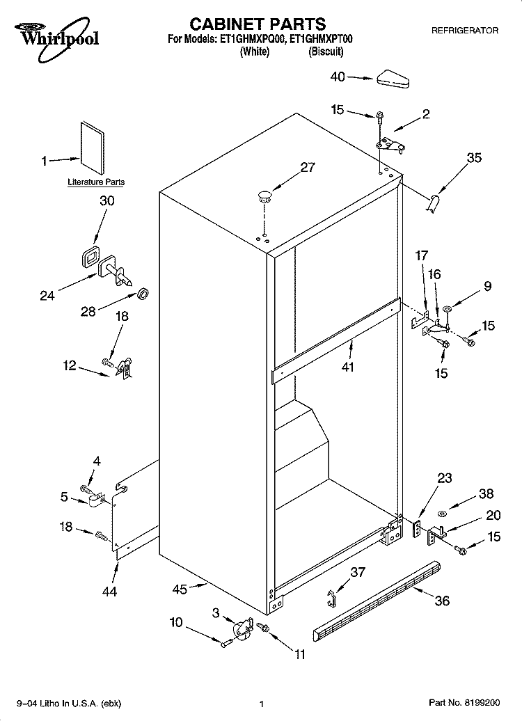 CABINET PARTS Diagram and Parts List for ET1GHMXPQ00  Whirlpool Refrigerator
