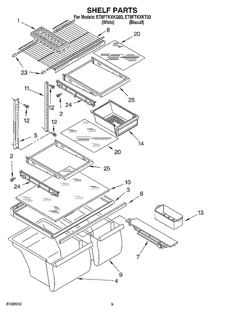 SHELF PARTS, OPTIONAL PARTS Diagram and Parts List for ET8FTKXKT03  Whirlpool Refrigerator