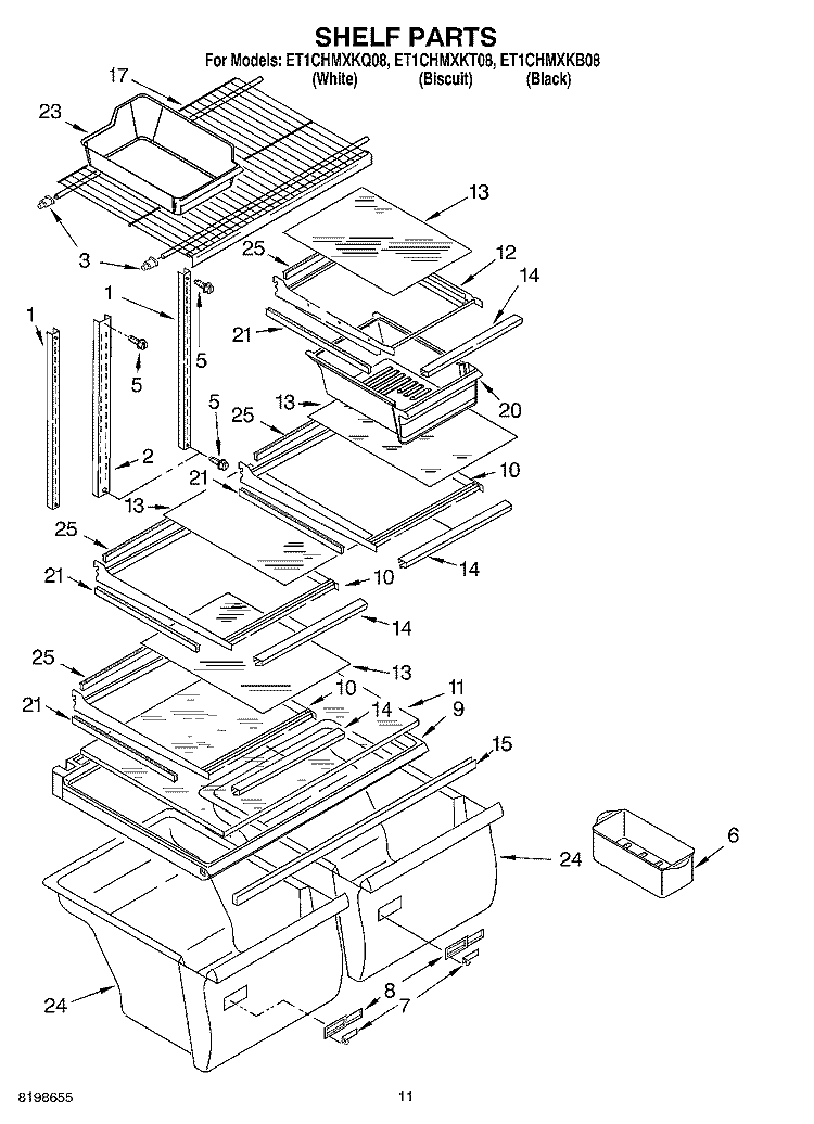 SHELF PARTS, OPTIONAL PARTS Diagram and Parts List for ET1CHMXKB08  Whirlpool Refrigerator