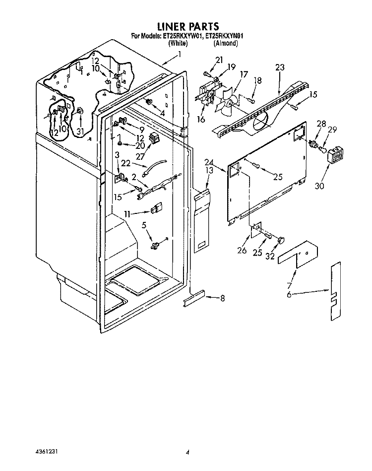 LINER Diagram and Parts List for ET25RKXYN01  Whirlpool Refrigerator